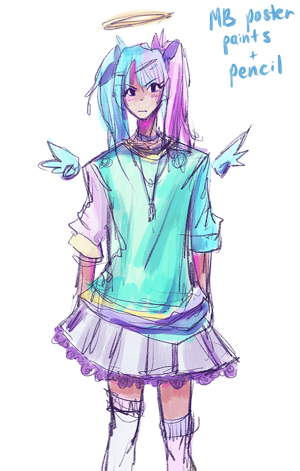 A menhera style digital sketch of an anime girl with split color blue/pink hair, wearing a pastel outfit.