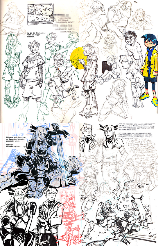 Several sketchbook pages compiled into one image with a lively mix of rough sketches, inking, and colored drawings.