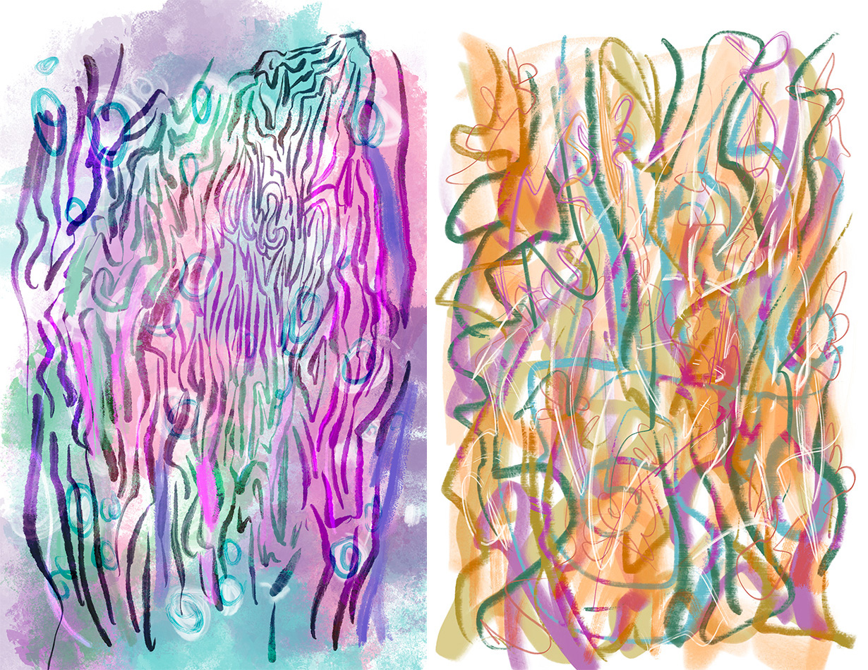 Two abstract art pieces. The left has a purple, pink, and teal palette with tightly packed irregular vertical ink lines that occasionally spiral together. The right one is mostly orange and red tones with looser scribbles
