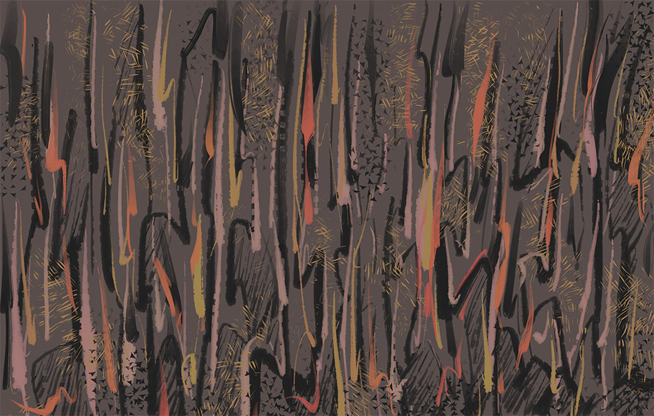 An abstract ash brown, black, beige, gold, and orange piece. The vertical brush strokes and dot-textured brushes give the impression of a field.
