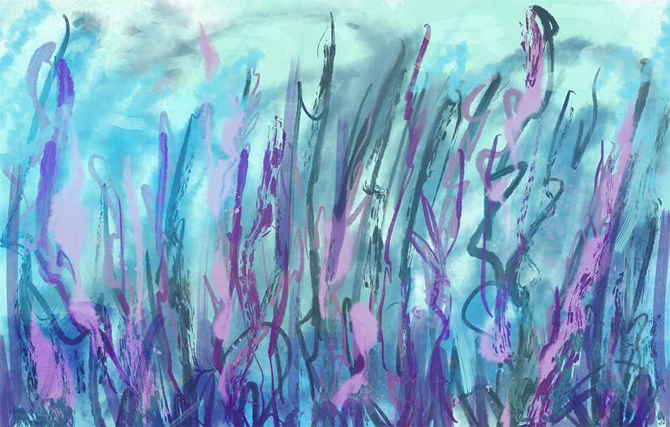 An abstract blue, purple, green, and teal piece with an underwater plant life feeling.