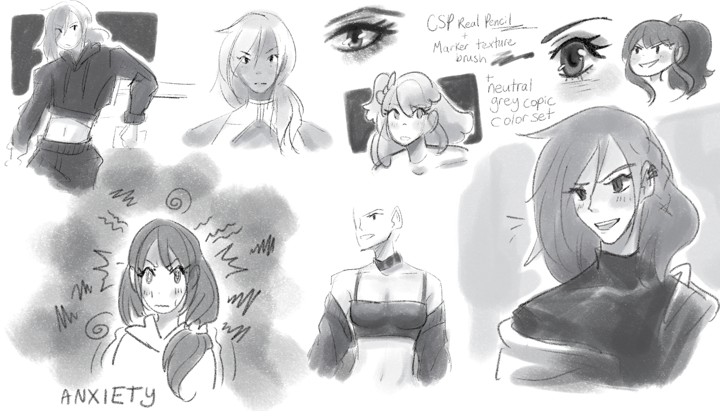 A page of grayscale digital marker character sketches.