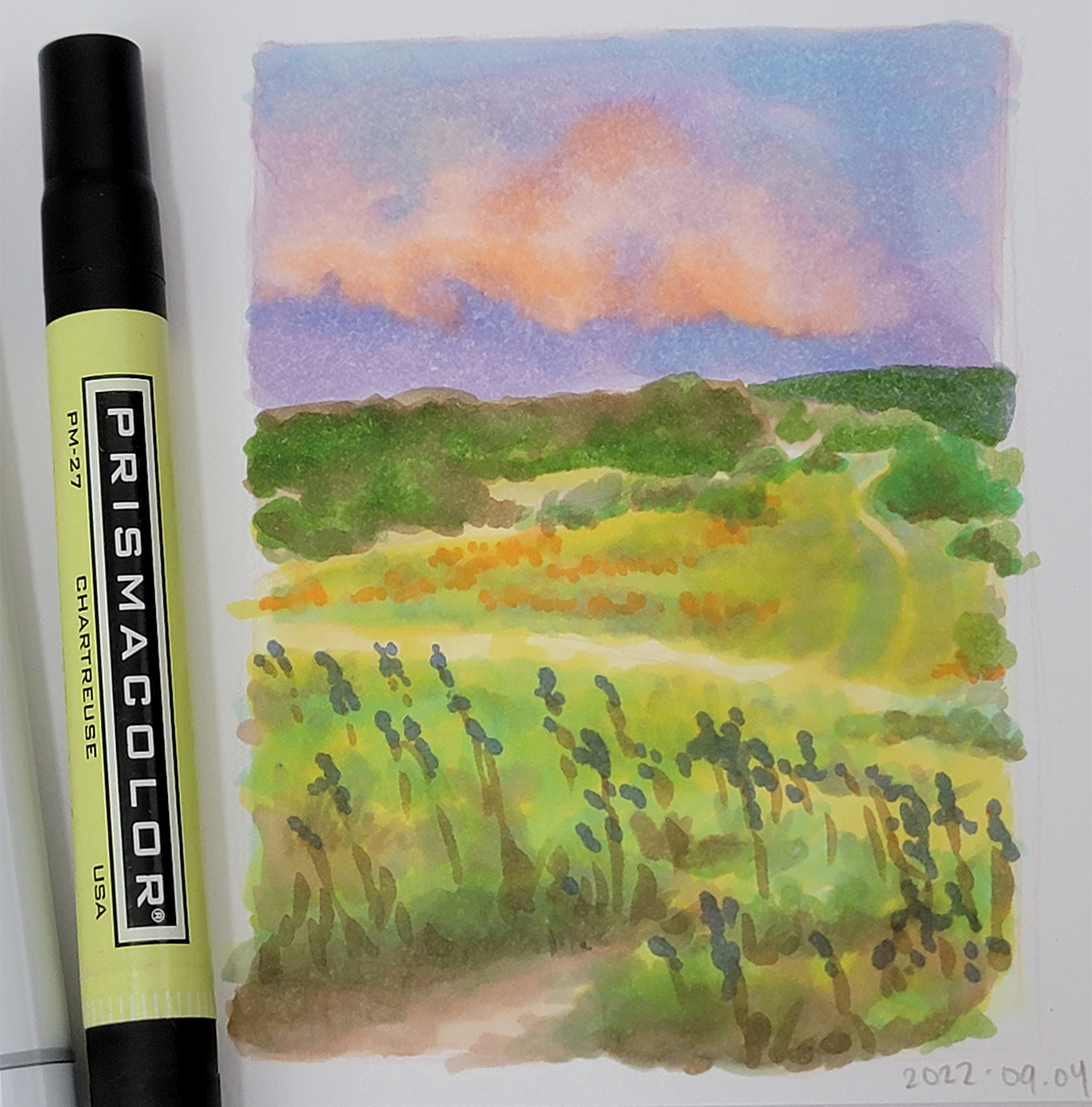 A marker photo study of a field at sunset. The sky is dark lavender with orange clouds.