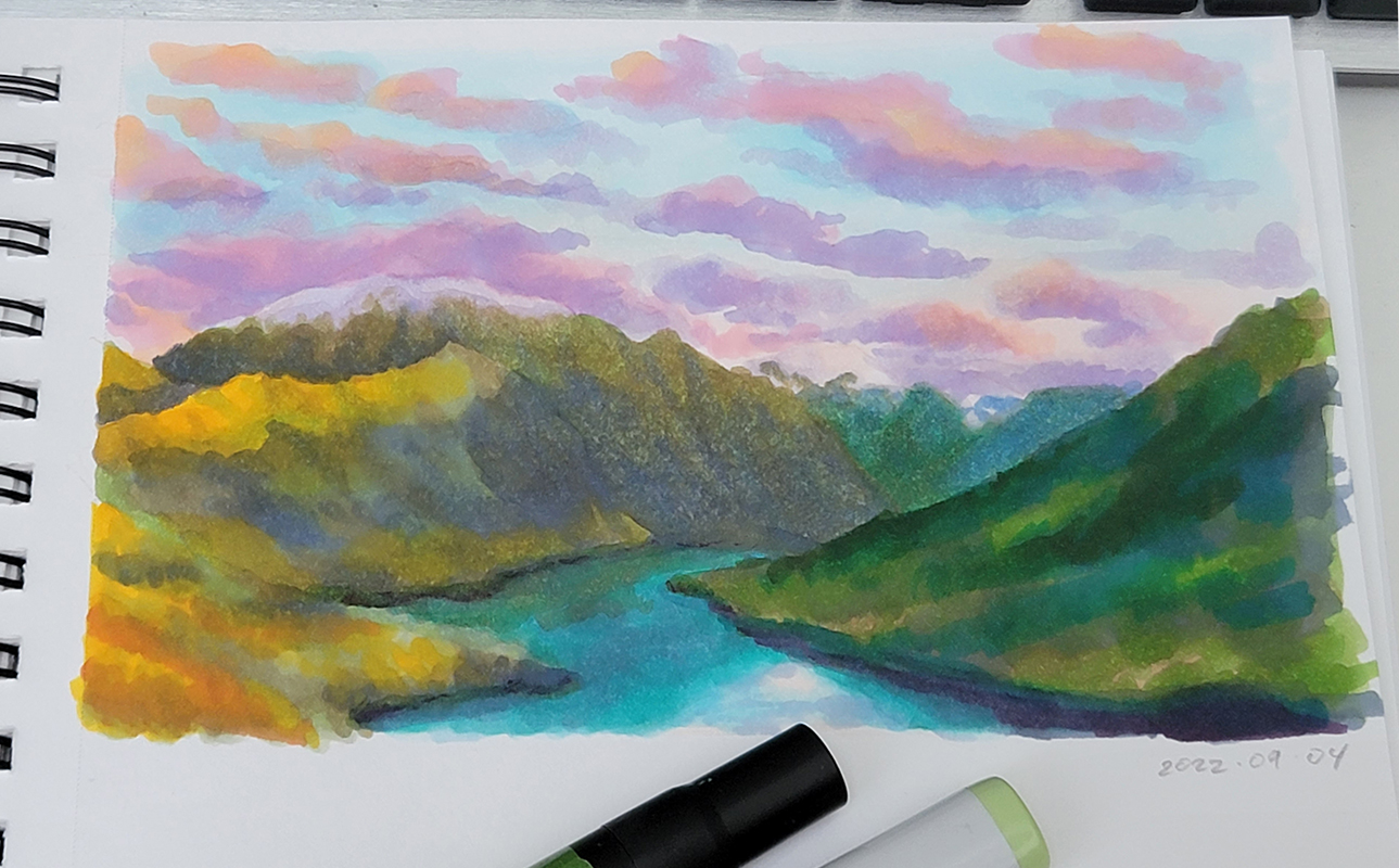 A marker photo study of mountains with a winding river. The clouds are tinted pink and purple.