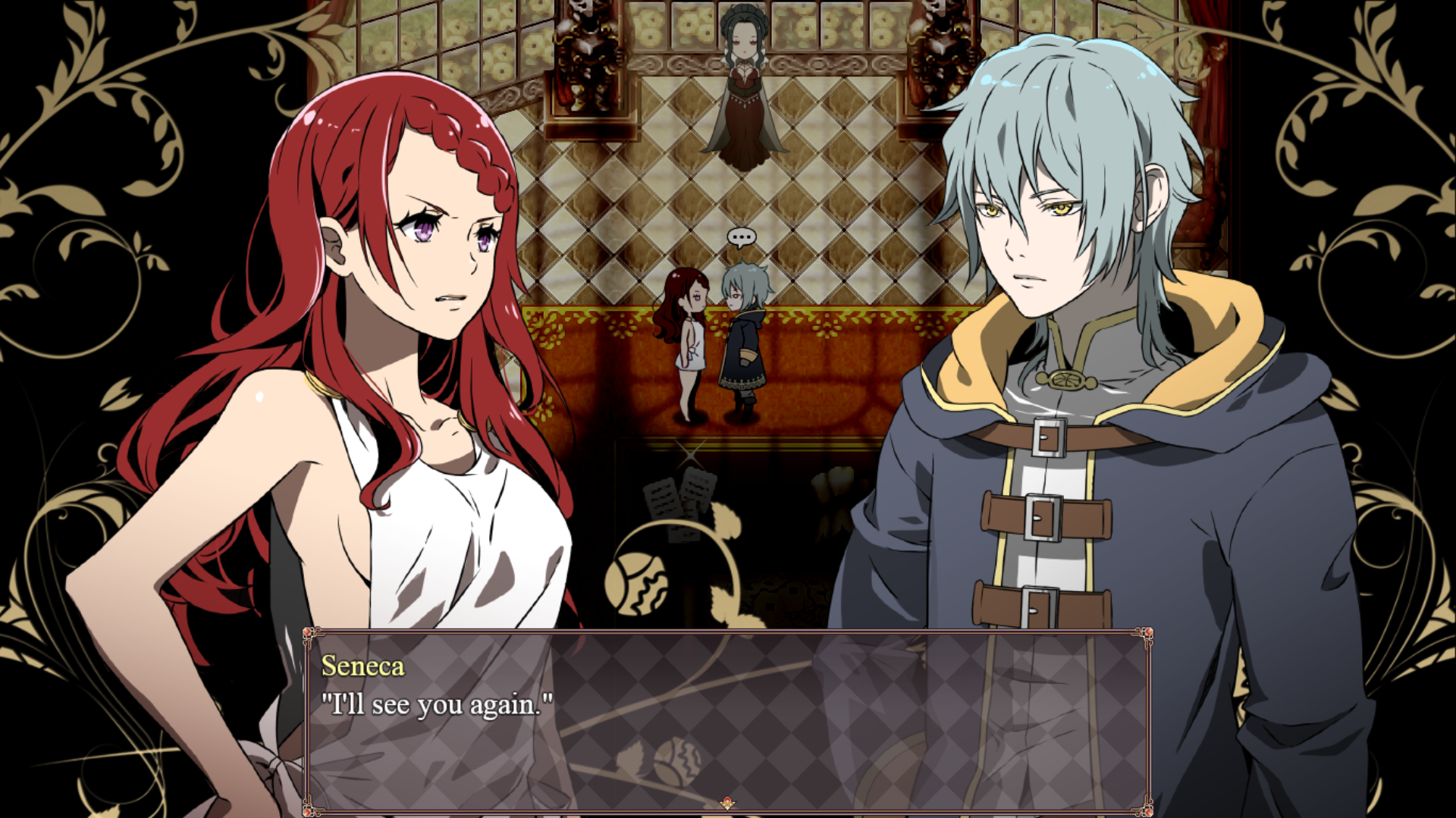 In-game character sprites and dialogue between the MC and Seneca.