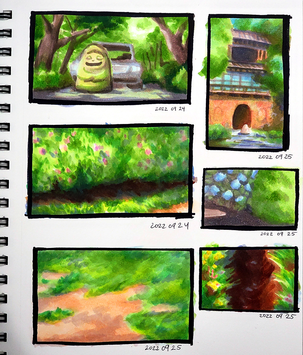 A sketchbook photo of 6 thumbnail marker studies of Spirited Away background with rich green plants and landscapes.
