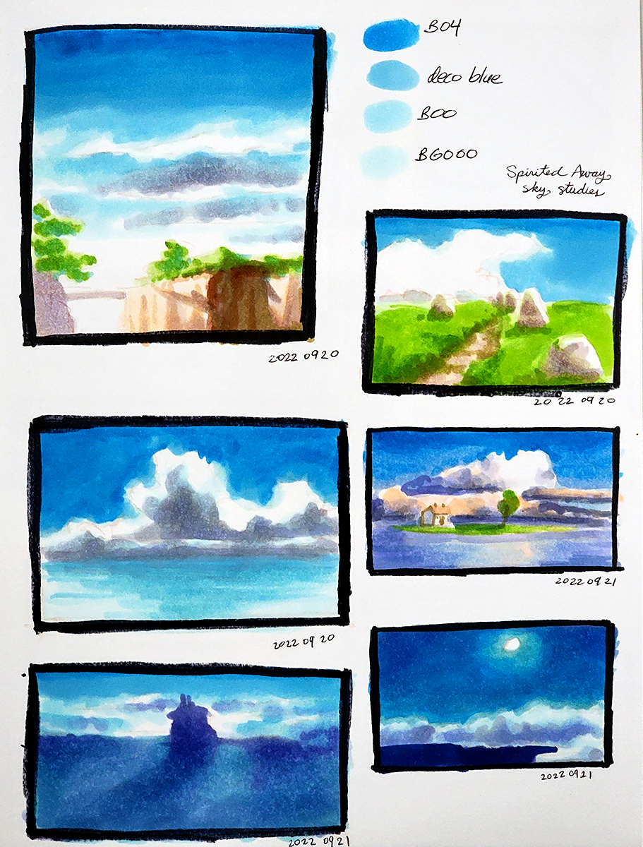 A sketchbook photo of 6 thumbnail marker studies of Spirited Away background with bright blue skies.