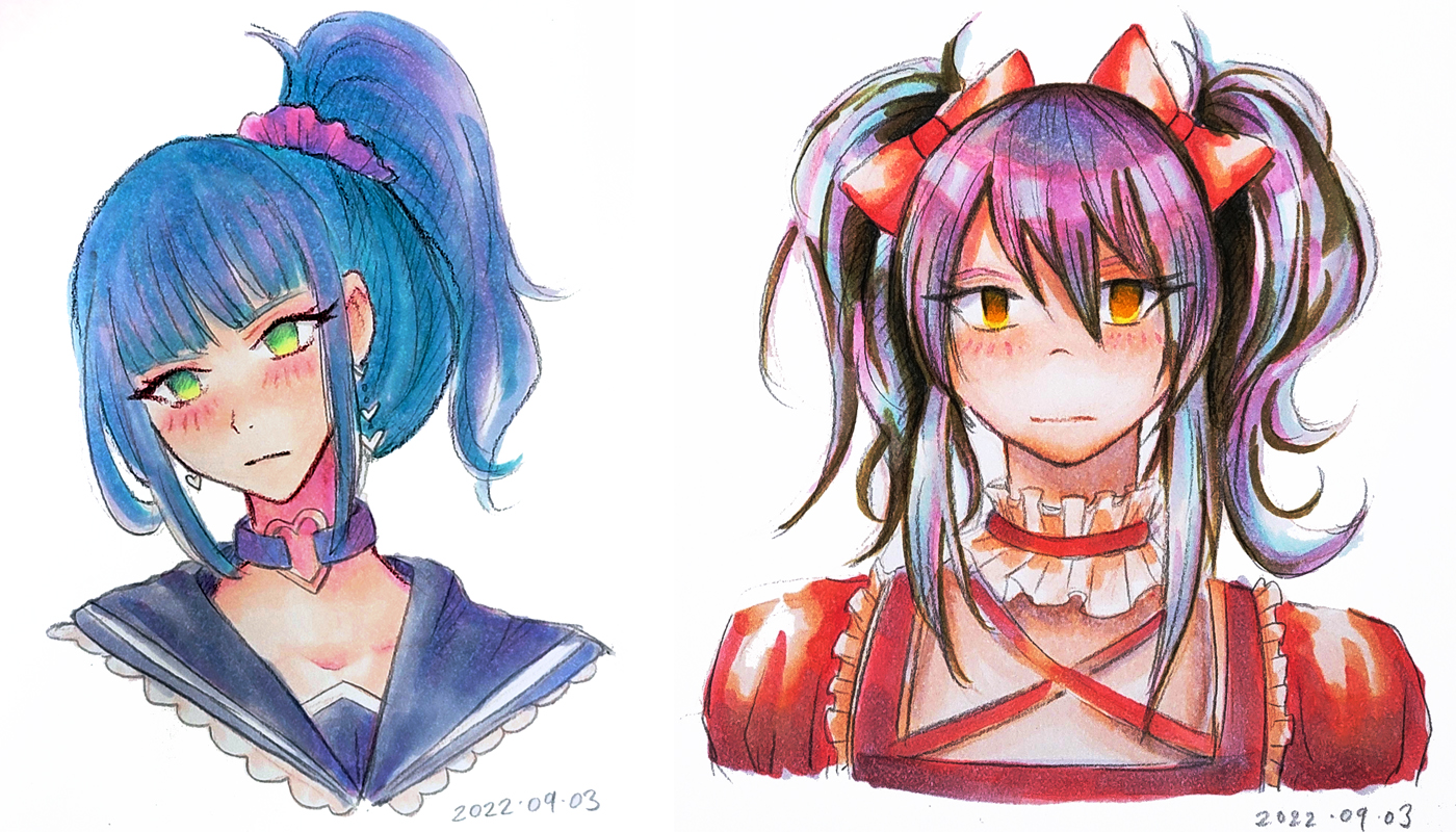 Two anime girl character portraits in copic marker and colored pencil.