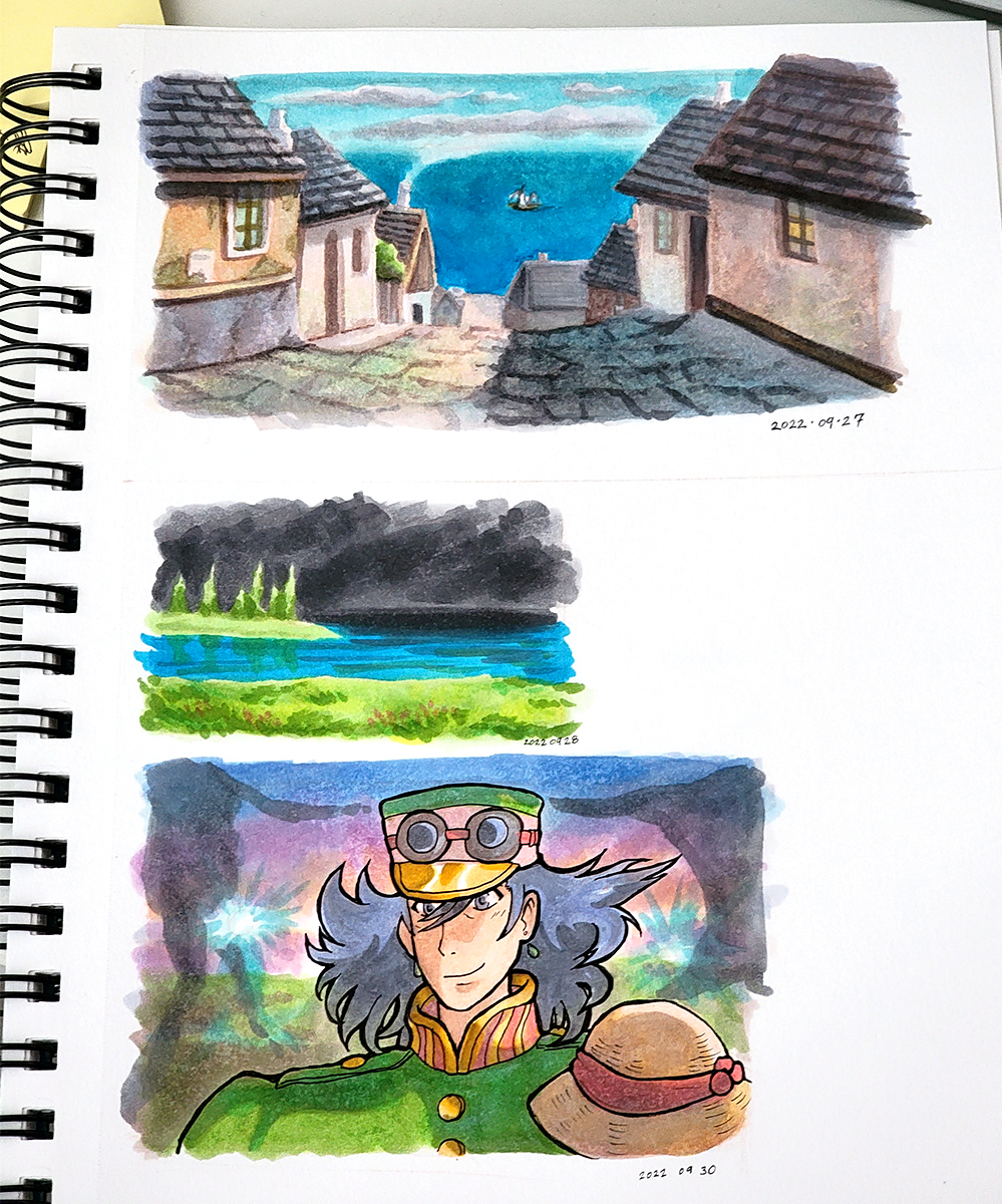 A sketchbook photo of 3 marker studies from Howl's Moving Castle.