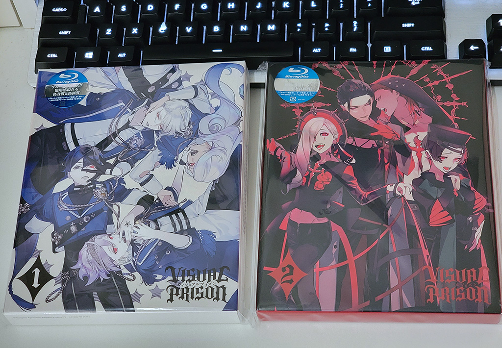 A photograph of two anime blu-ray boxes for Visual Prison