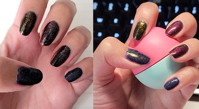 Two photographs of dark glittery nail art under different lighting conditions.