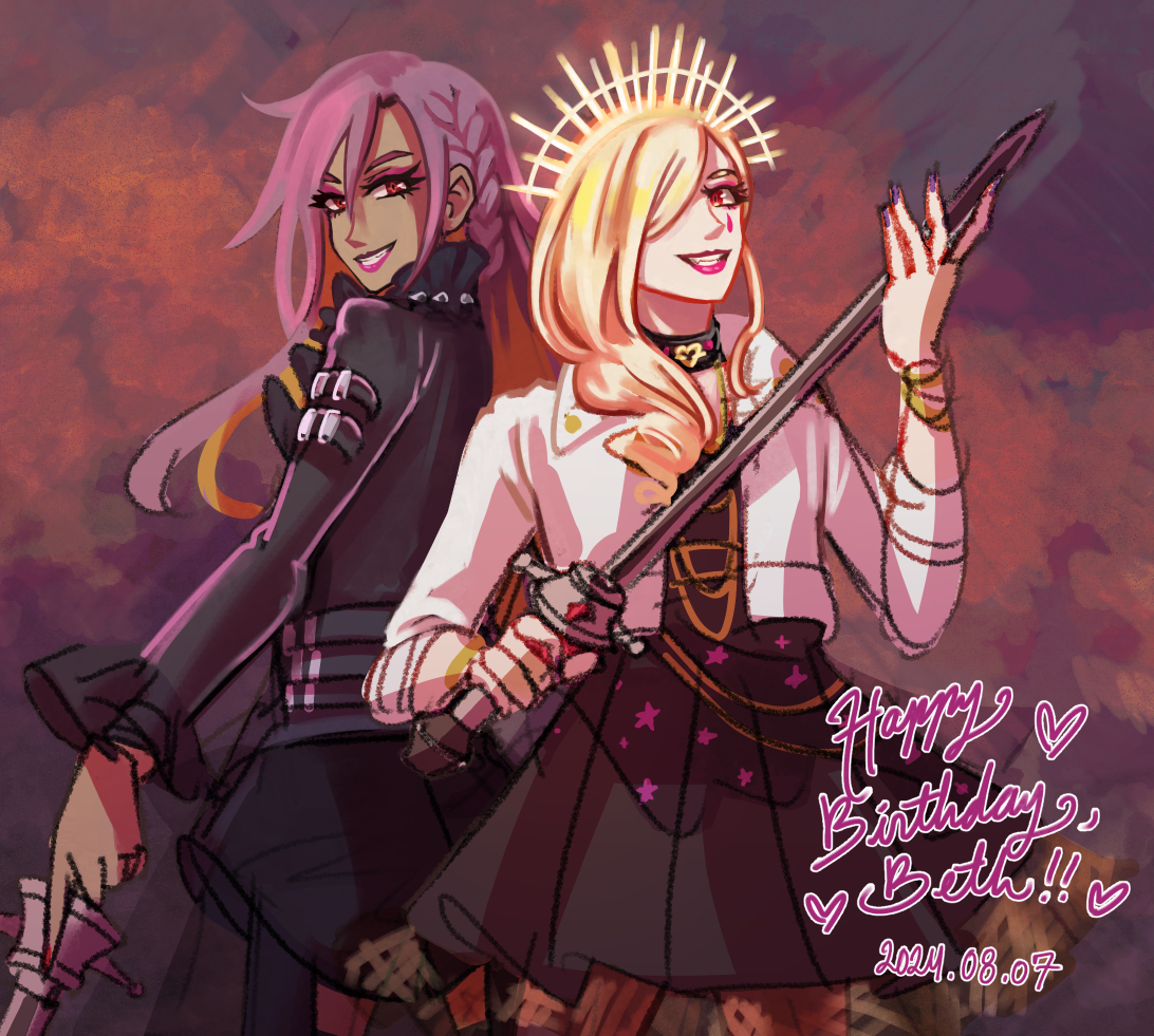 Digital illustration yumeship WIP of Bastia and Beith with a hand-written birthday note