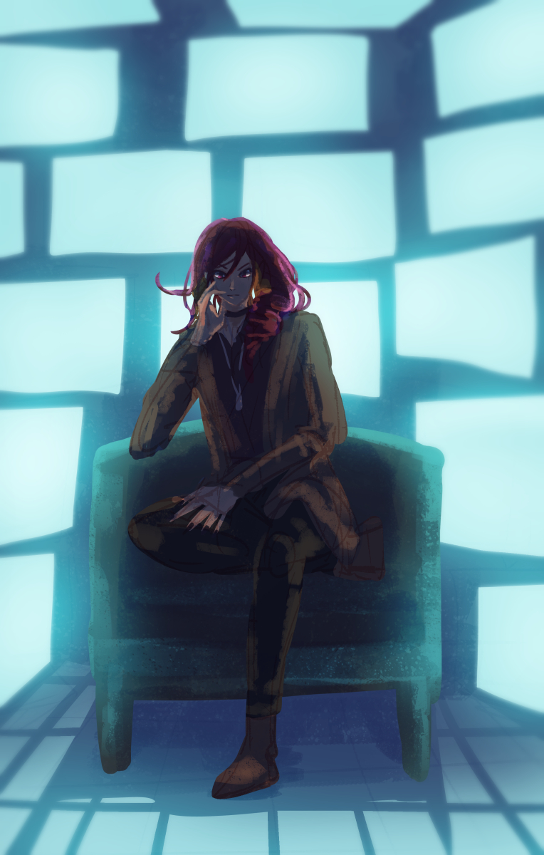 A WIP painting of a character seated in a chair surrounded by blue-tinted display screens