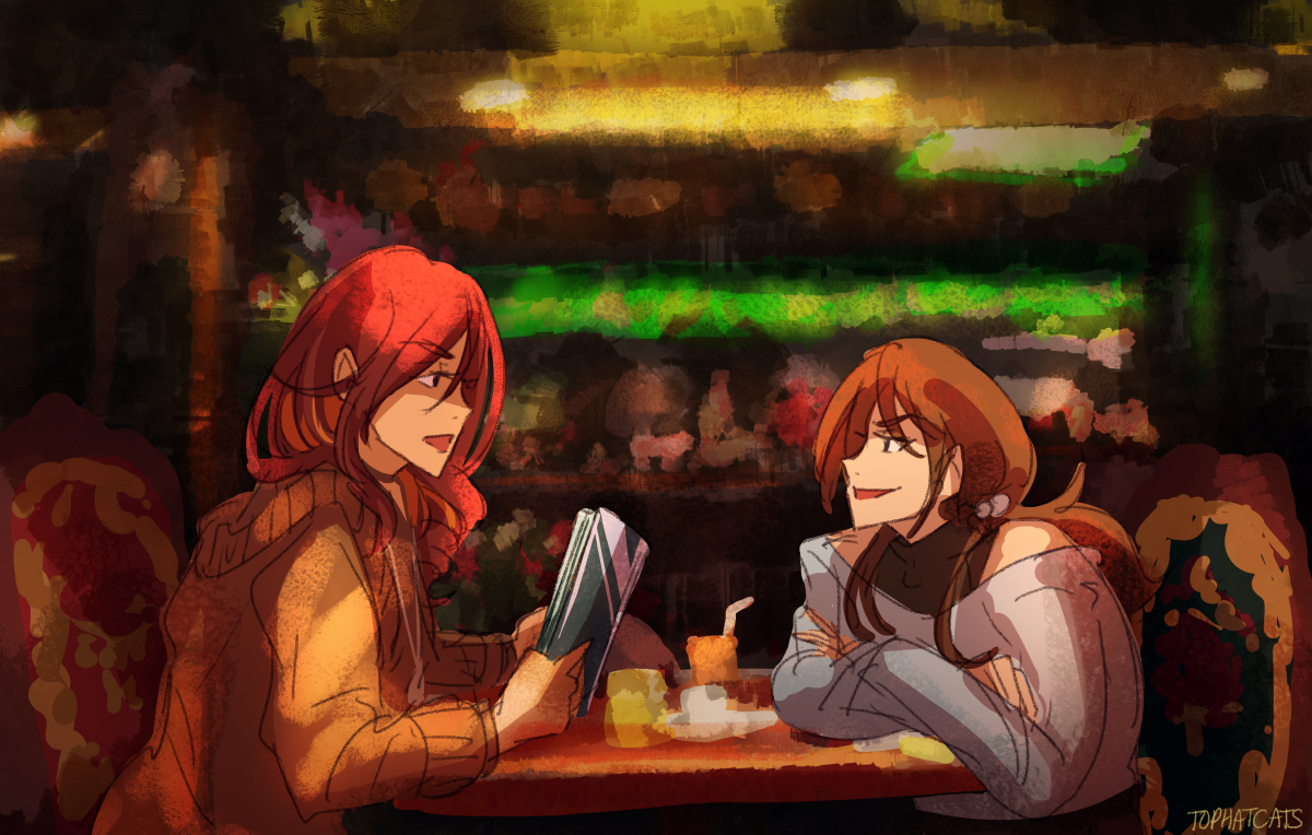 A Kamikaze Girls (2004) redraw with two characters sitting across from each other in an old cafe