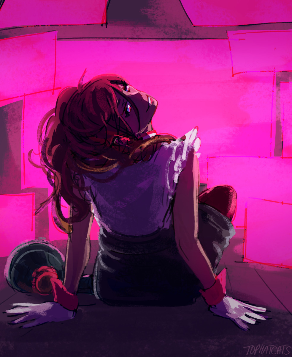 A digital speedpaint of a character sitting on the floor of a dark room, leaning backwards to look towards the viewer with a sly expression. The character is illuminated by the bright pink glow of several display screens in front of them.