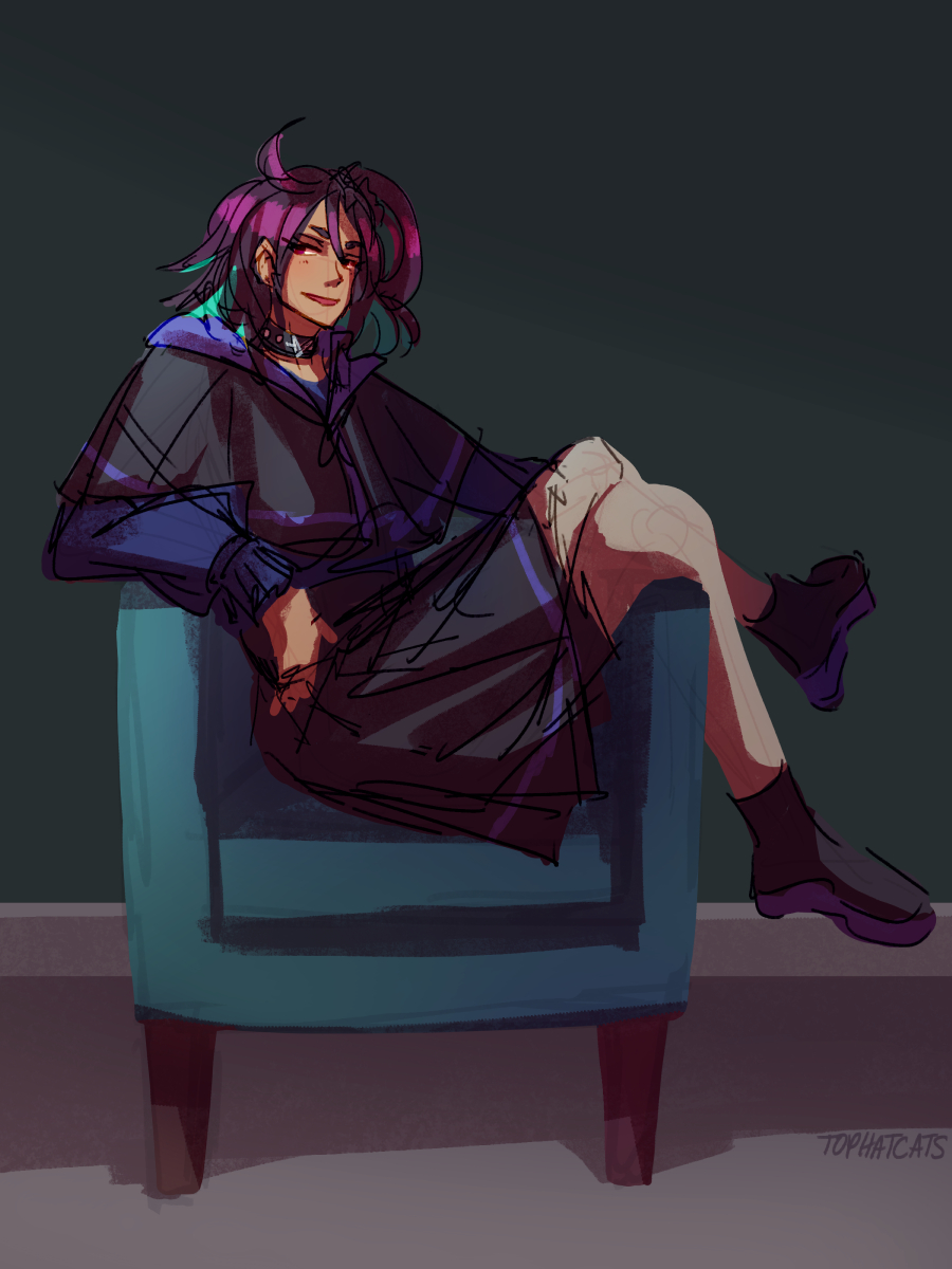 A character sitting incorrectly in an armchair