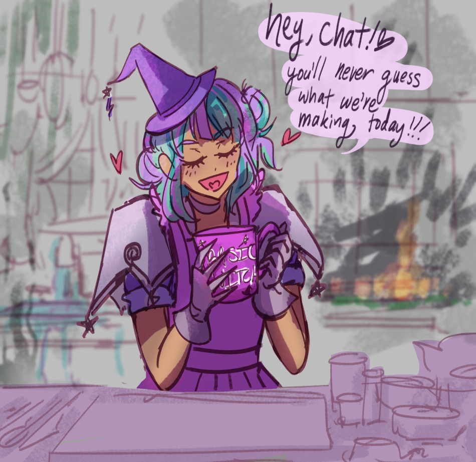 A witch character holding up a giant mug while addressing chat. The kitchen behind her is in shambles.