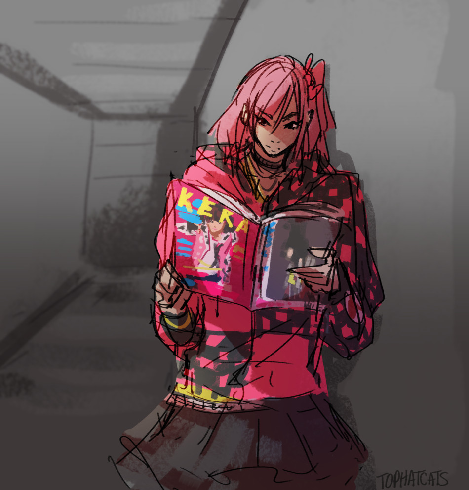 A character in a loud pink j-fashion outfit flipping through an issue of KERA magazine