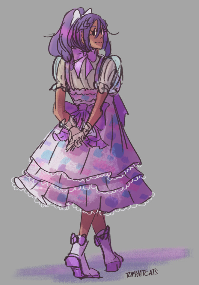 A character with purple hair wearing a pastel lolita fashion coordinate.