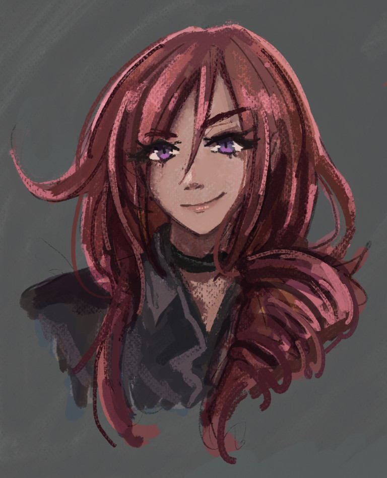 A portrait of a character with red hair pulled into a messy side ponytail over their shoulder.