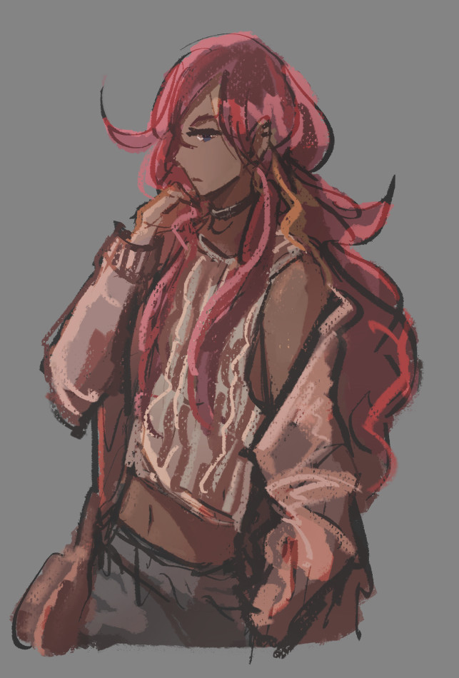 A character with long red hair drawn in profile wearing casual beige and grey street fashion.