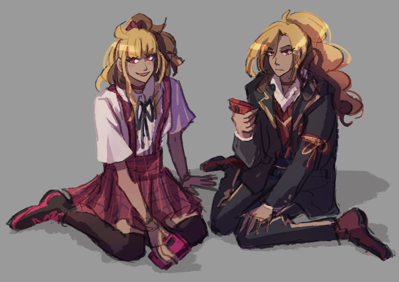 A colored digital sketch of two twin characters, both with two-toned blonde and brunette hair and dark pink eyes. They both sit together on the floor with their phones in hand.