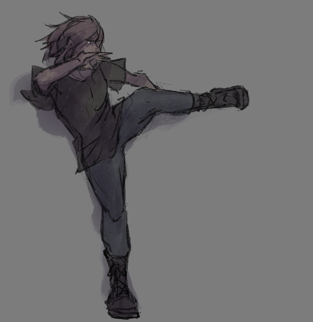 A character mid-dance doing a kicking motion.