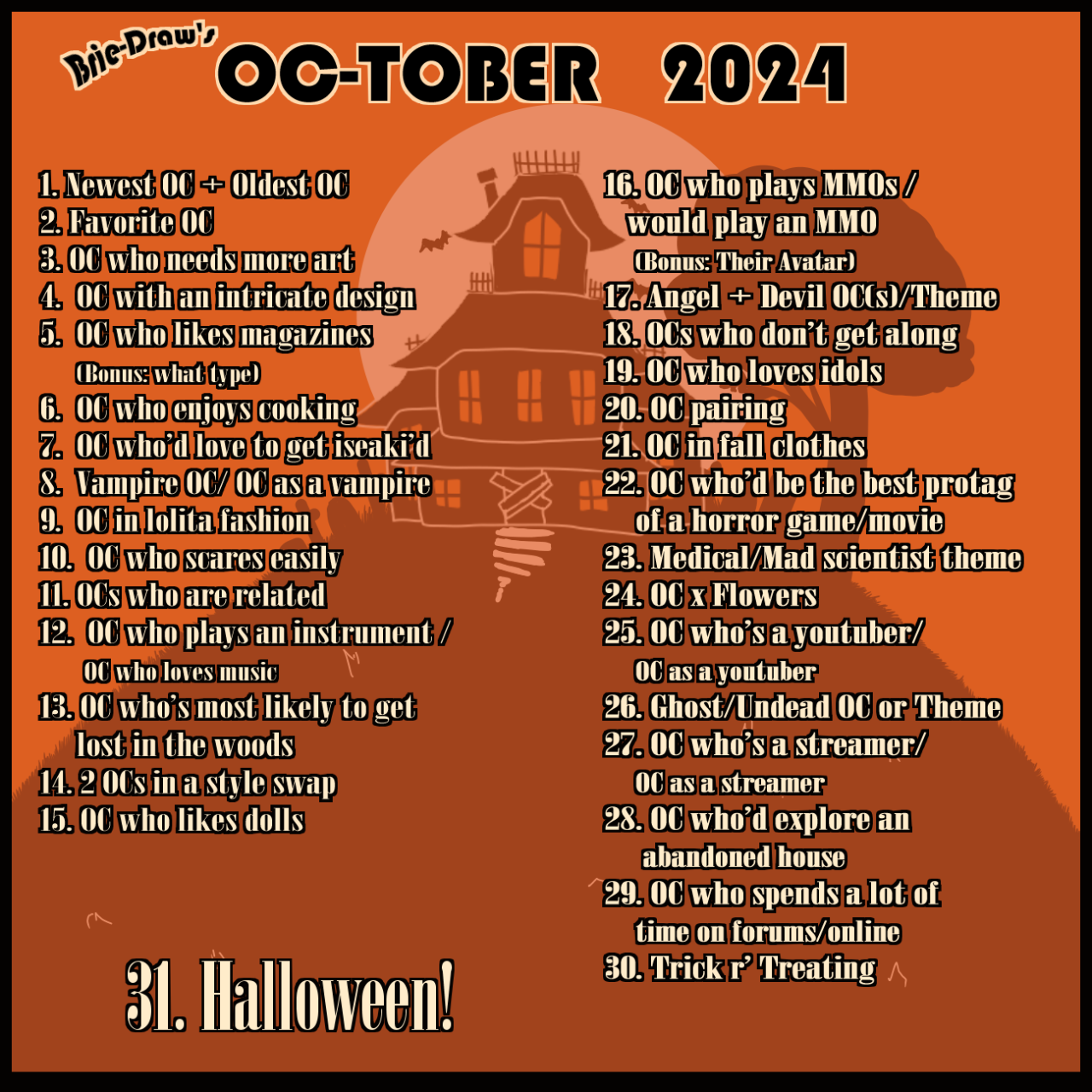 a list of drawing prompts for October, with a focus on original characters