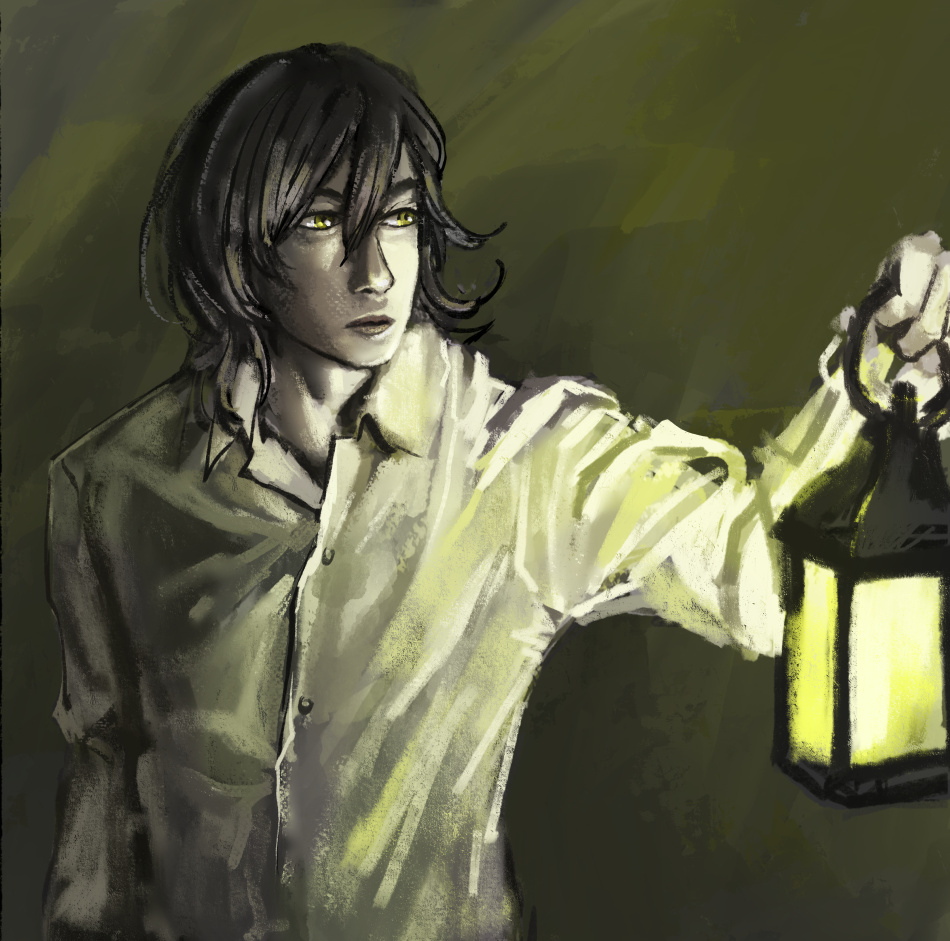 Monochrome yellow portrait of Kai holding out a lantern