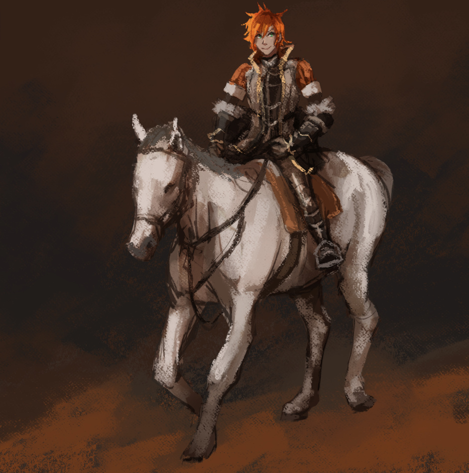 Monochrome orange digital painting of Suzu riding a white horse