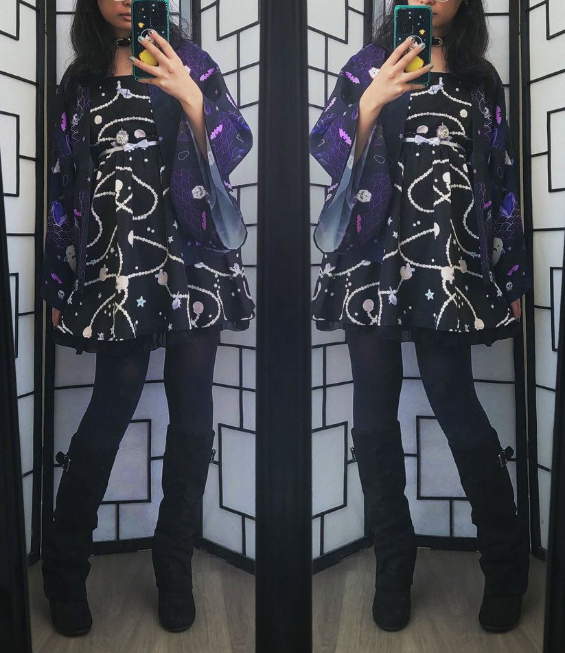 Dark j-fashion outfit featuring a seashell print dress and spooky print haori.