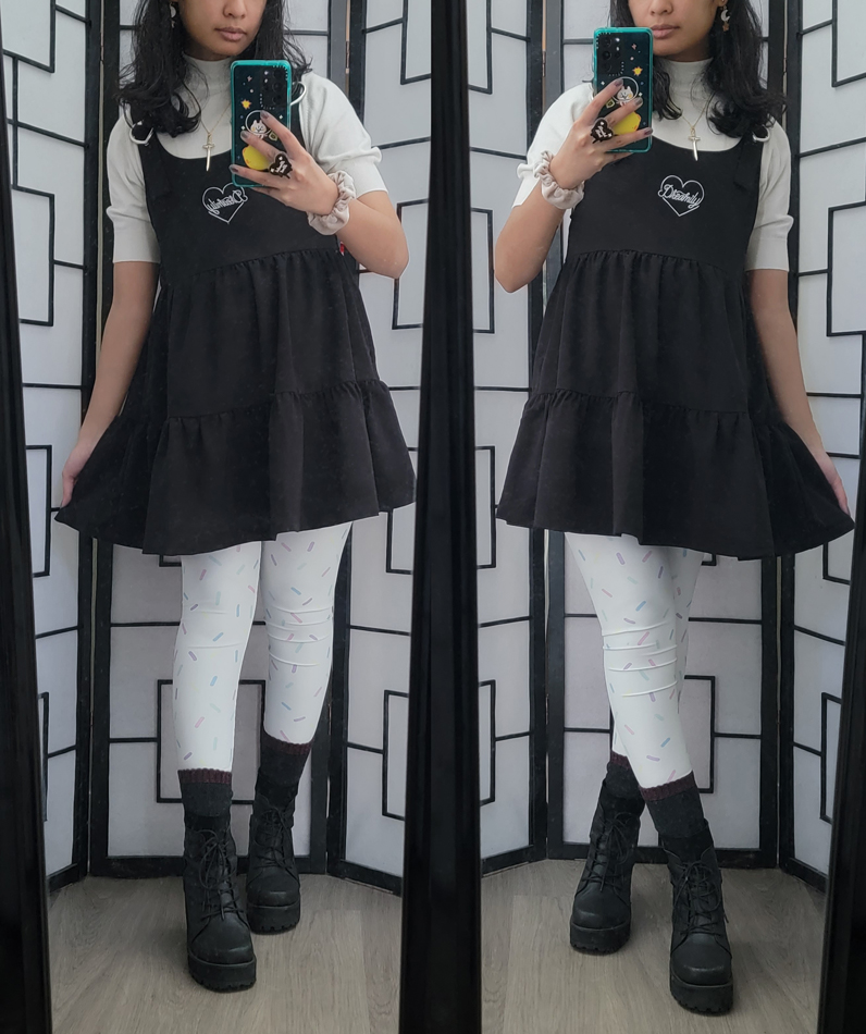 Monochrome larme-kei outfit with tiered ruffle dress and candy sprinkle leggings.
