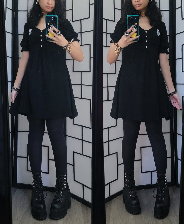 Dark larme-kei outfit featuring a puff sleeve black dress and rose embroidery.