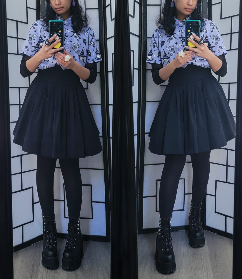 Lavender and navy outfit with an all-over print witch themed shirt.