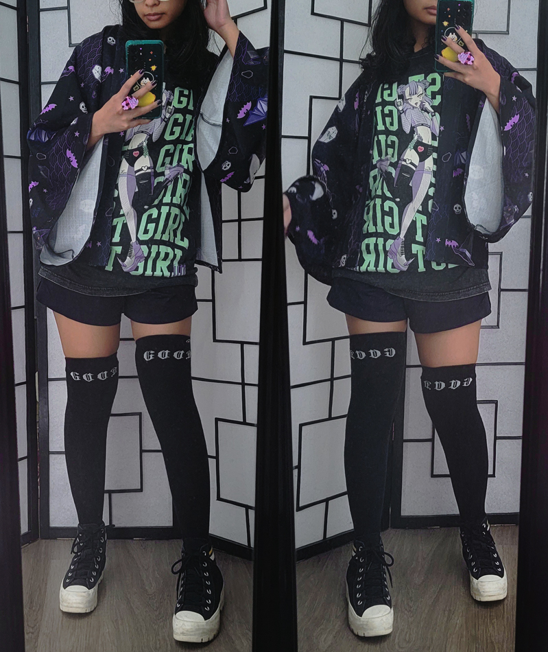 Casual dark outfit with an anime girl graphic shirt and spooky print haori.