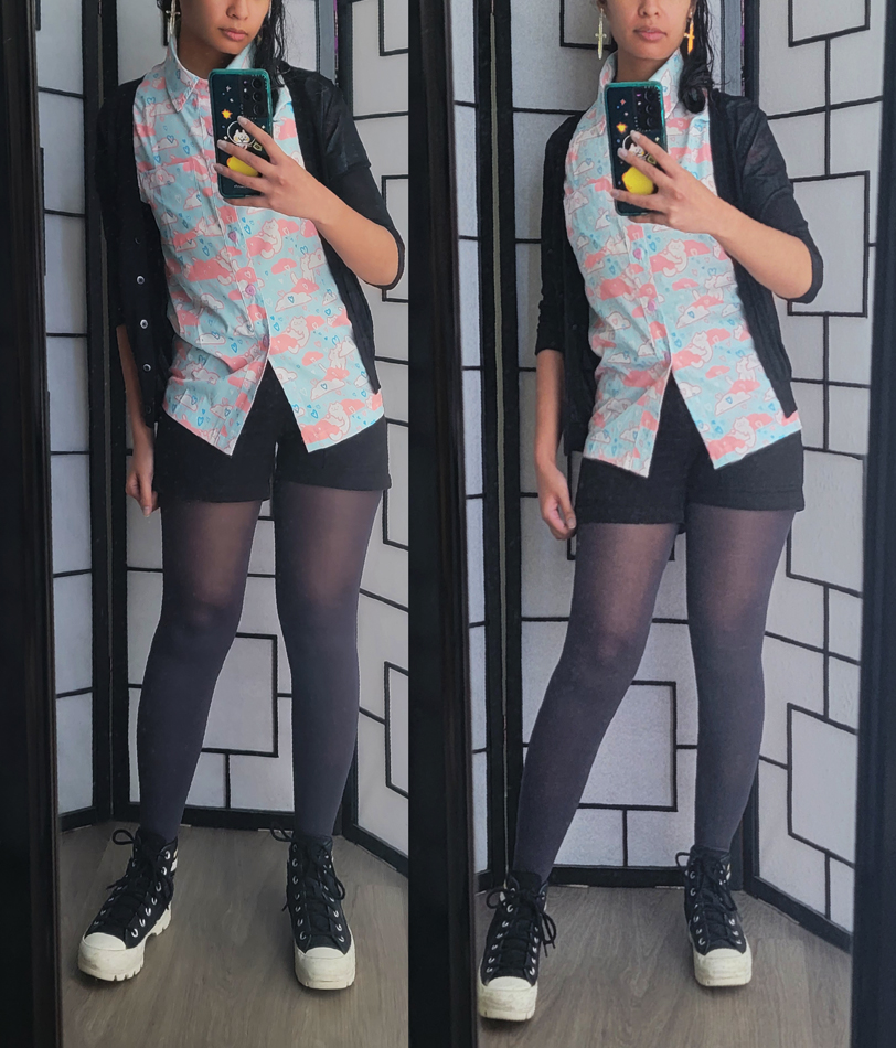 Pastel and black casual outfit featuring a cat all-over print shirt.
