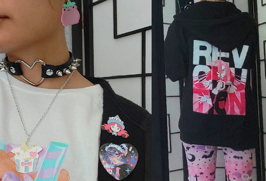 Detail photo of jacket design and cute accessories: earring, pins, necklaces.