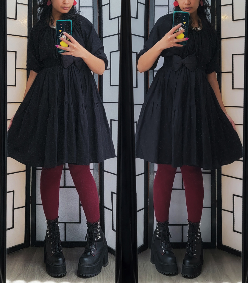 Simple dark outfit with a flowy black tired dress and burgundy tights.
