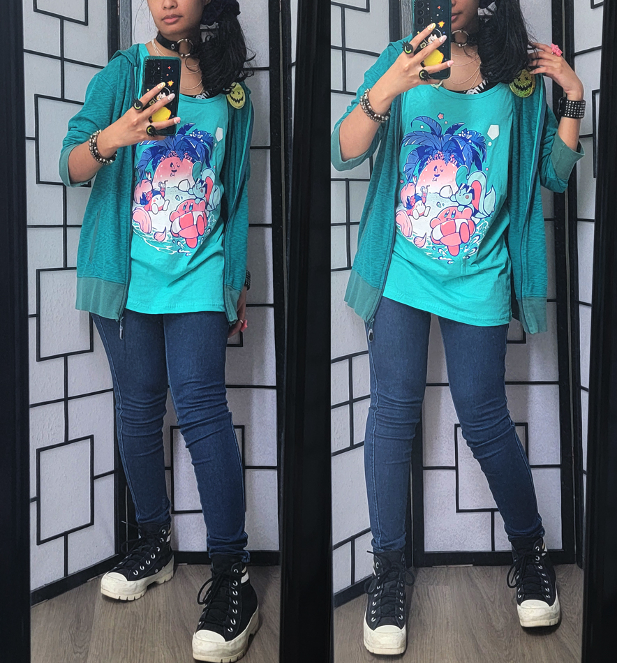 Aqua blue and teal casual outfit with a summer themed Kirby tank top.