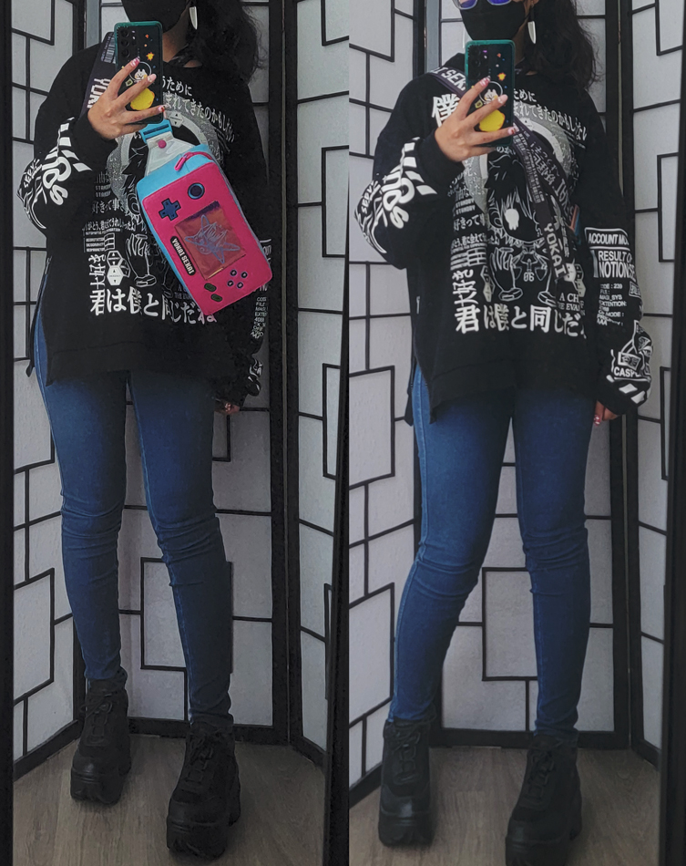 Simple outfit featuring an oversizsed mecha pilot sweater and neon game console bag.