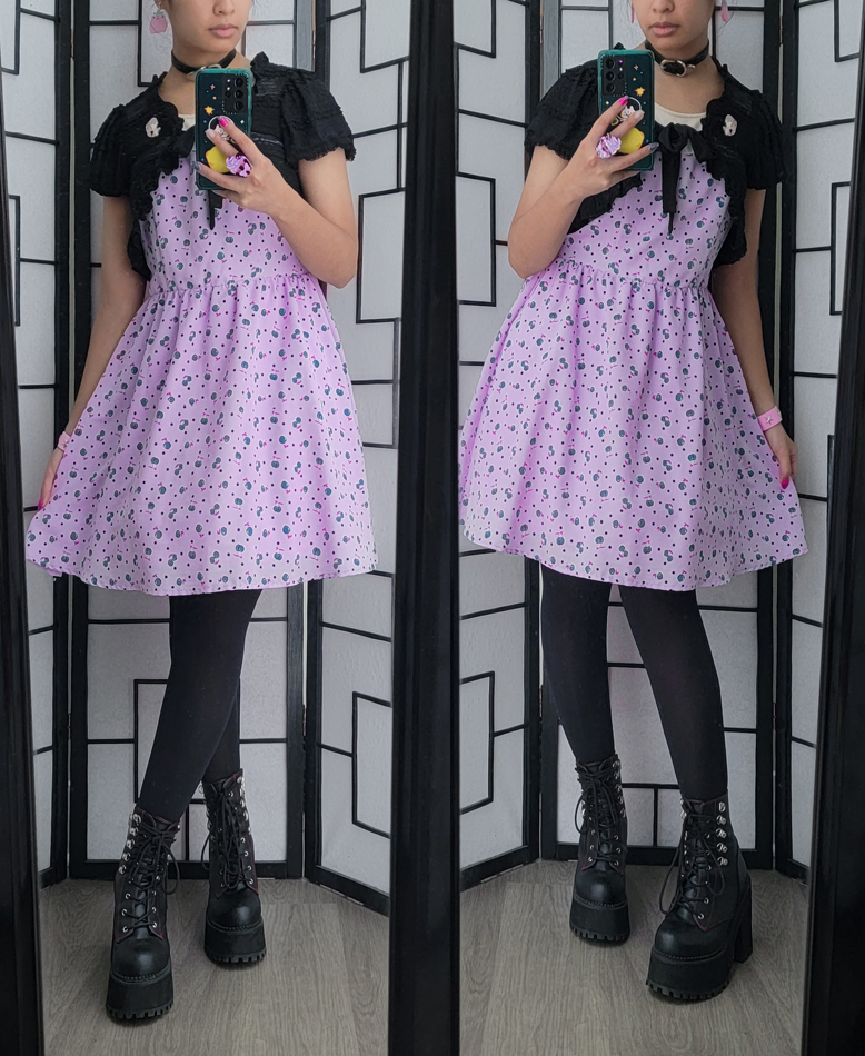 Lilac and black dark girly kei outfit with a patterned polka dot and cherry dress.