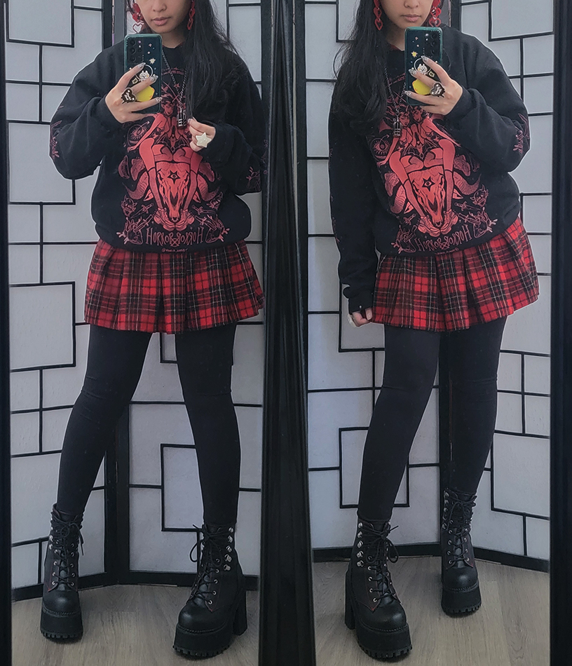 A black and red outfit with a sweater of demon girls.