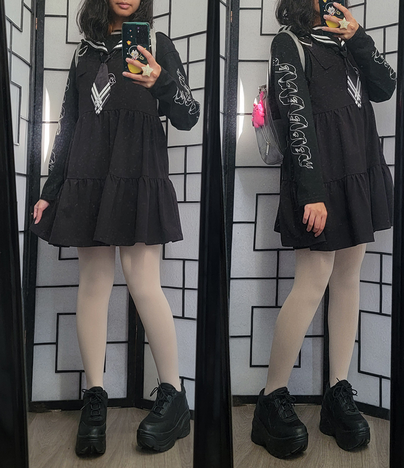 A casual black and white dark fashion / dark girly outfit with a sailor theme.
