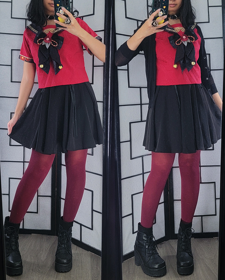 A casual red and black outfit with a sailor uniform theme.