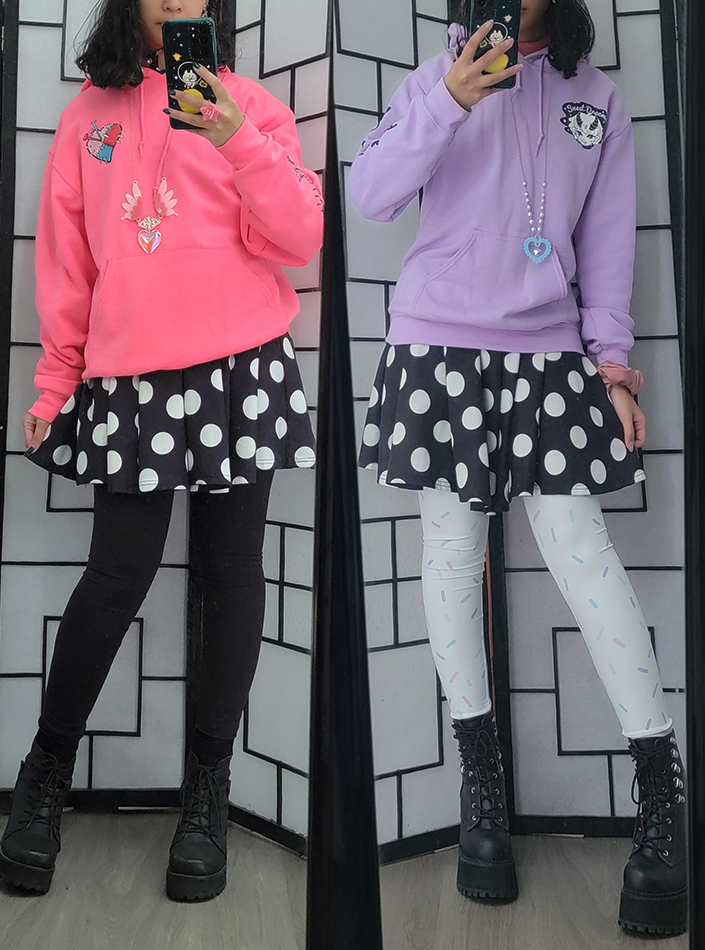Two different casual outfits featuring a polka dot skirt and colorful hoodies.