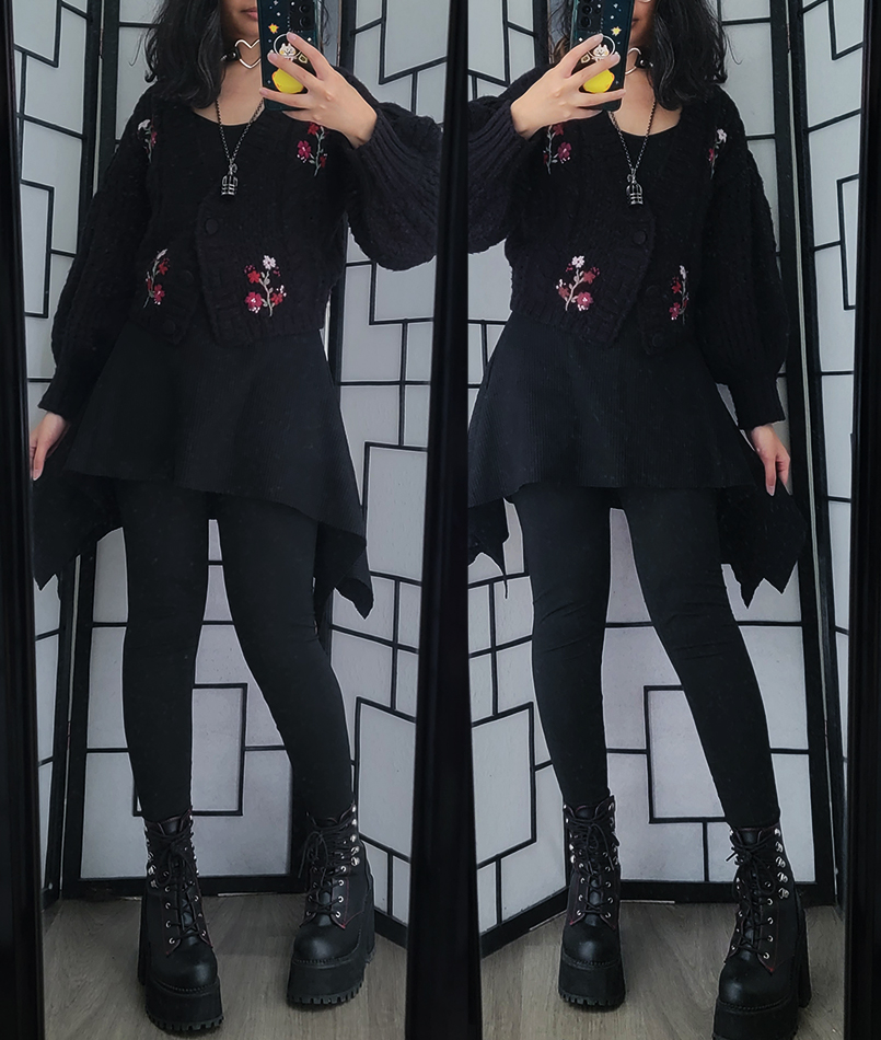A casual dark fahion outfit with an asymetrical hem dress and cardigan.