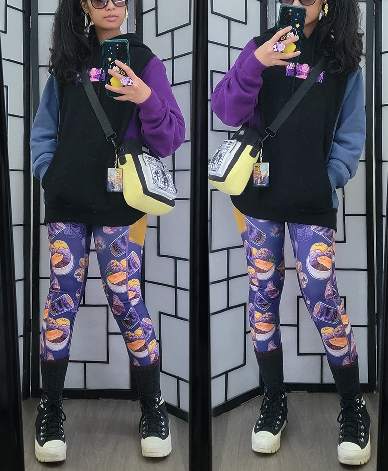 A black, purple, and yellow casual outfit featuring ube dessert print leggings.