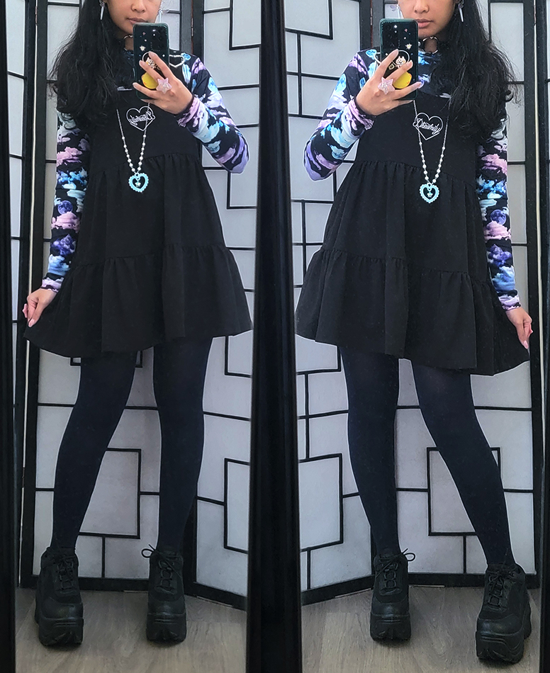 A dark girly kei fashion outfit featuring a pastel sky top and tired dress.