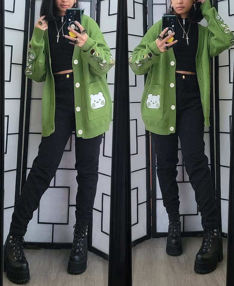 A black and green casual outfit featuring an oversized green cardigan.