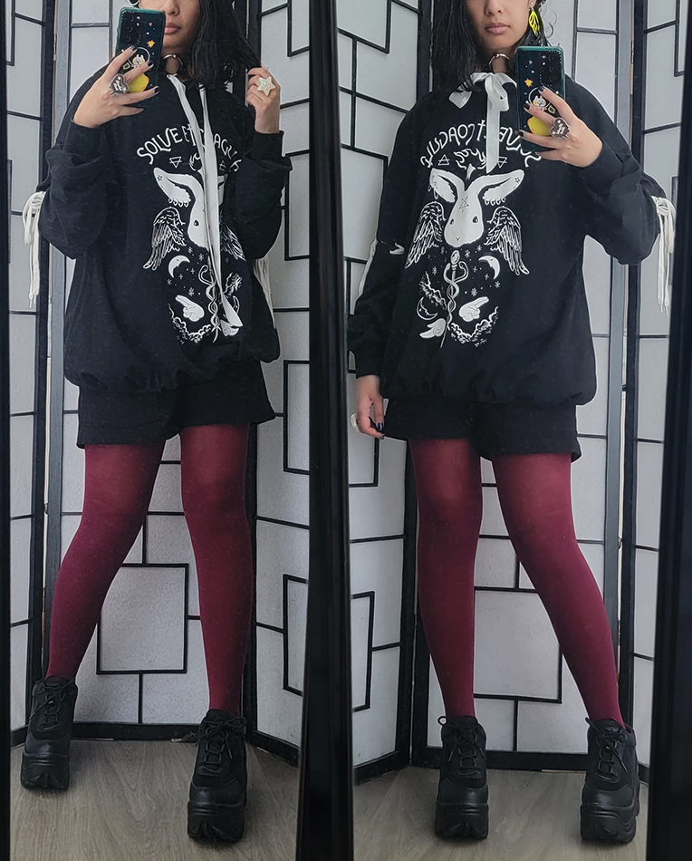 A black and dark red alt fashion outfit featuring an oversized hoodie with alchemy motifs.